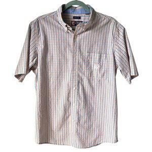 Chaps Short Sleeve Dress Shirt Men's Medium Blue Yellow Checkered Basic Classic